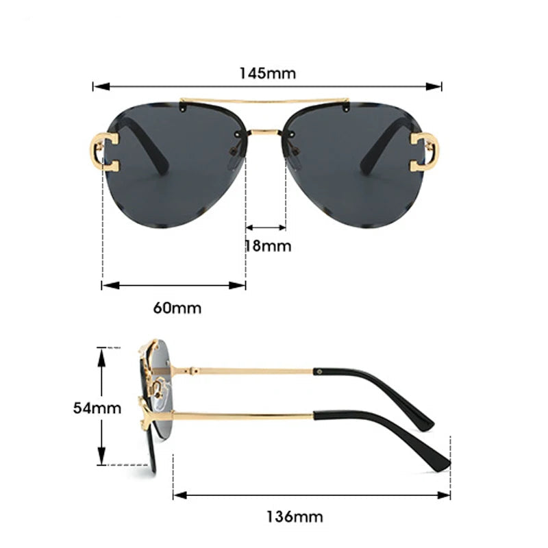 rimless aviator sunglasses with double bridge gold frame and black gradient lenses