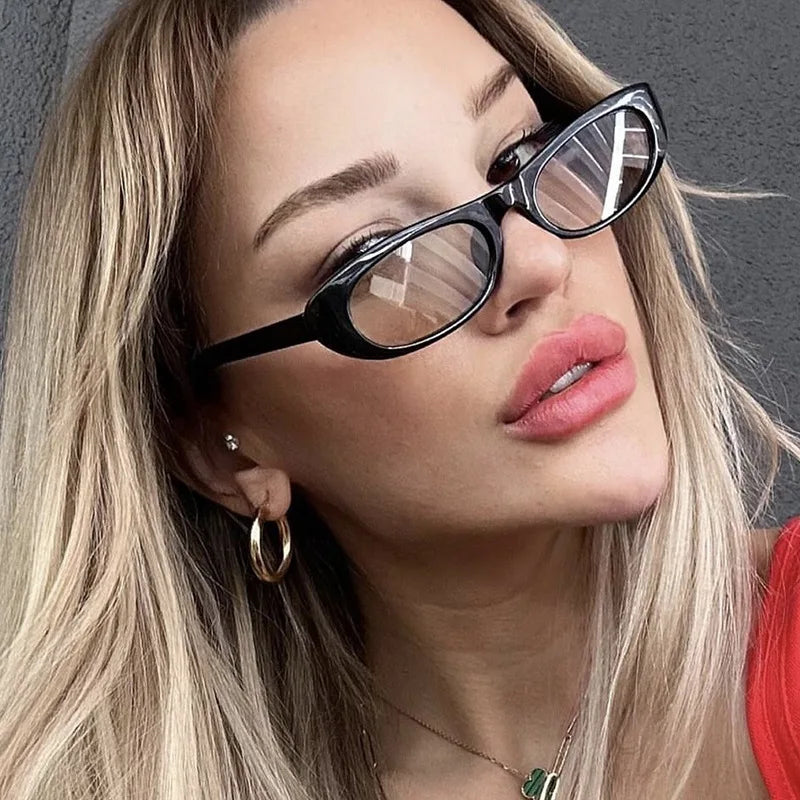 narrow rectangle cat eye sunglasses in glossy black with uv400 lenses