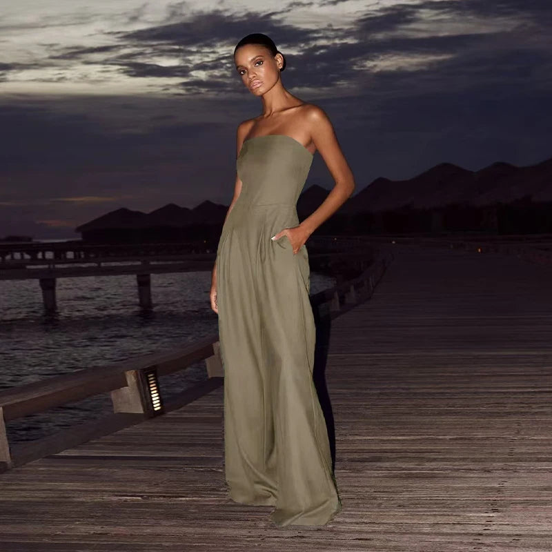 Strapless Wide-Leg Jumpsuit with Pockets – Elegant Bandeau One-Piece