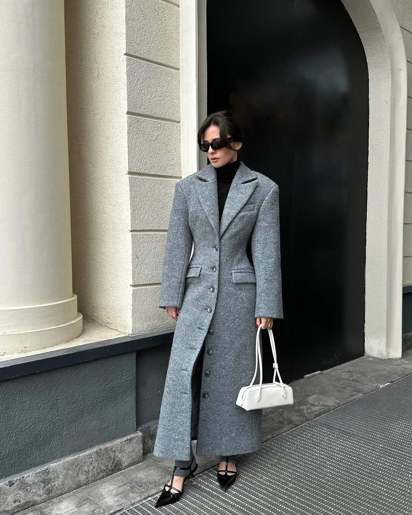 Women’s Long Waist-Cinching Lapel Coat – Grey Single-Breasted Overcoat | Murps Luxury