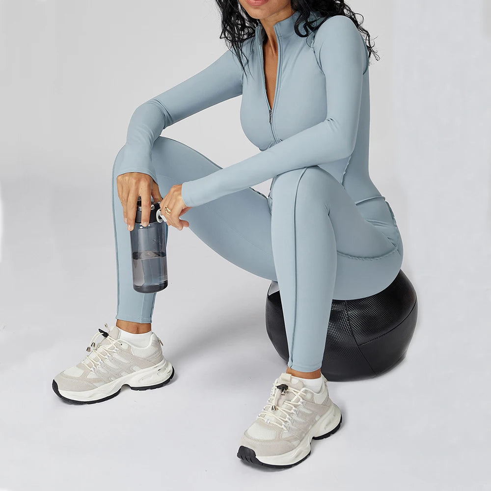 Sculpt Zip-Front Long-Sleeve Jumpsuit - Seamless Compression, Open-Back, High-Stretch