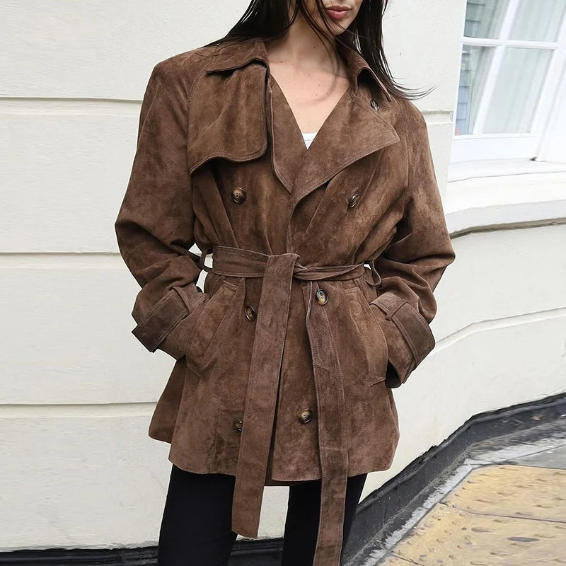 Retro Suede Long Trench Coat With Belt – Double-Breasted, Lapel, Full-Length