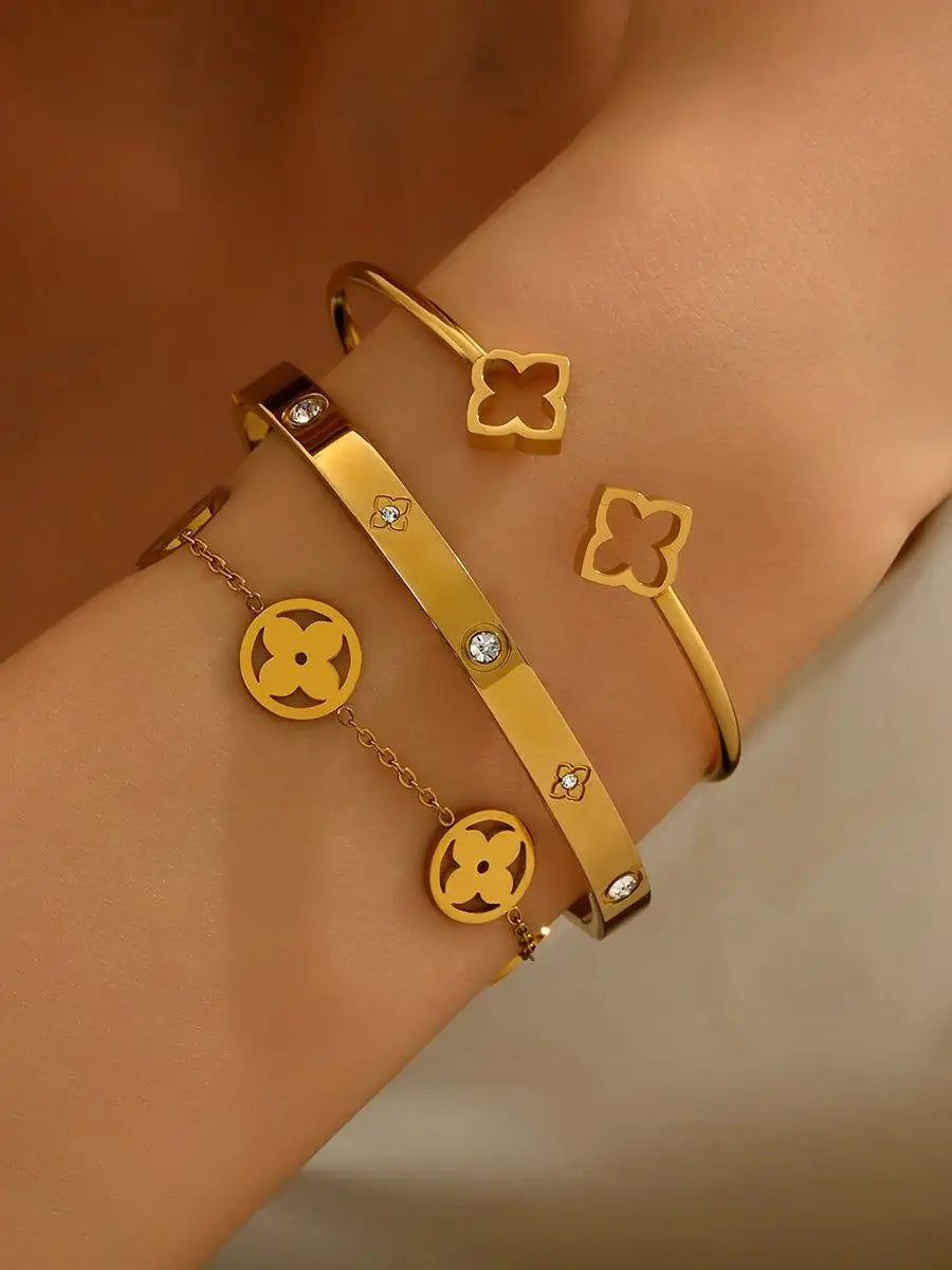 Four-Leaf Clover CZ Stainless Steel Bracelet Set - Waterproof - Fade-Resistant (1 or 3 pcs)