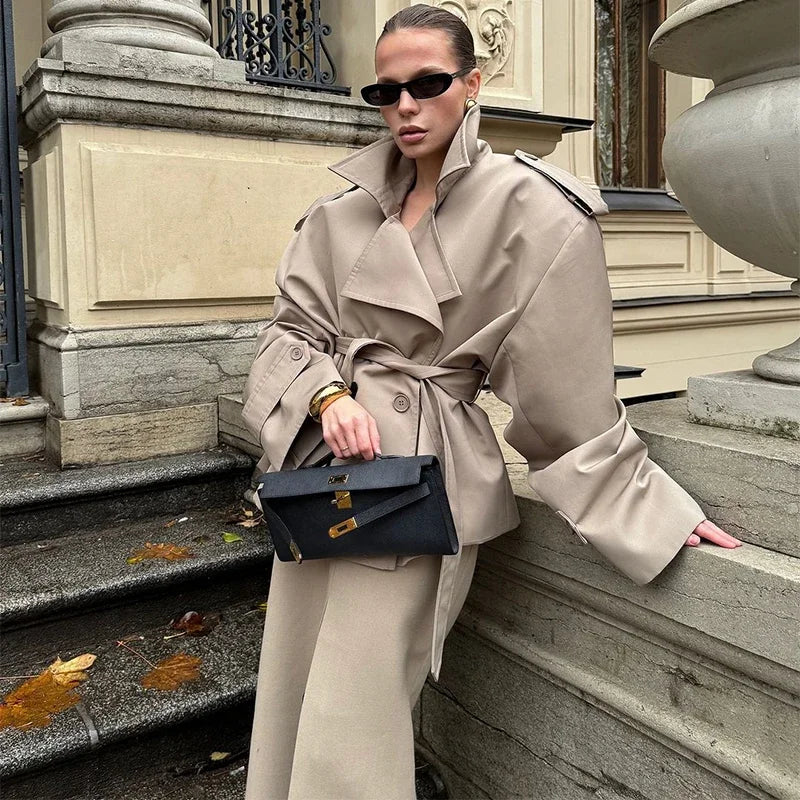 Cropped Double - Breasted Belted Trench Jacket Wide - Waisted Fit