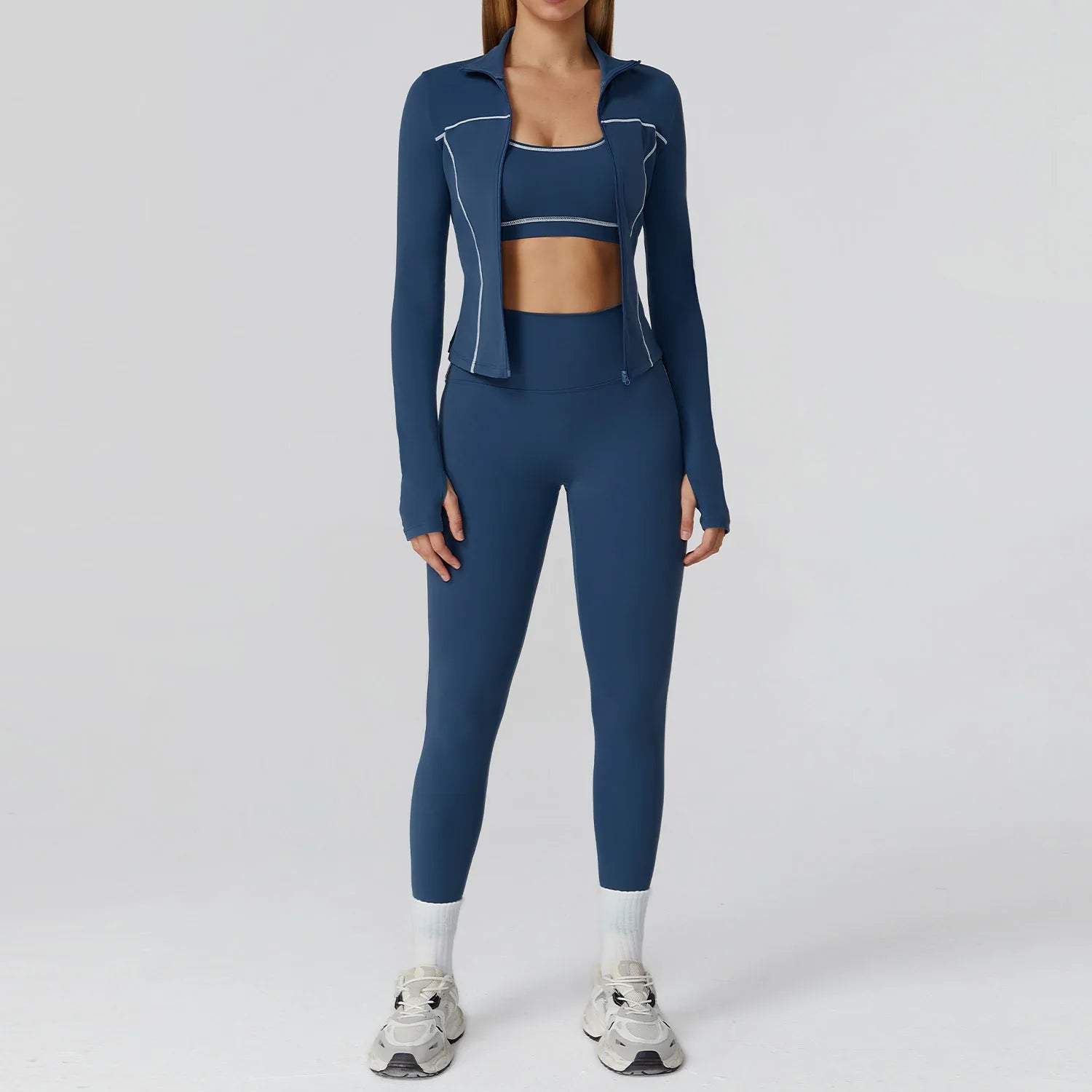 Women’s 3 Piece Workout Set - High Waist Leggings, Sports Bra, Zip Jacket