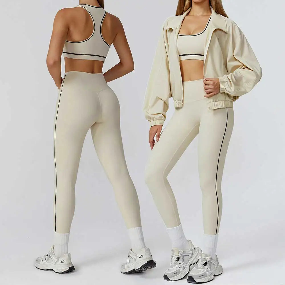 Women’s 3 Piece Workout Set - High Waist Leggings, Sports Bra, Zip Jacket