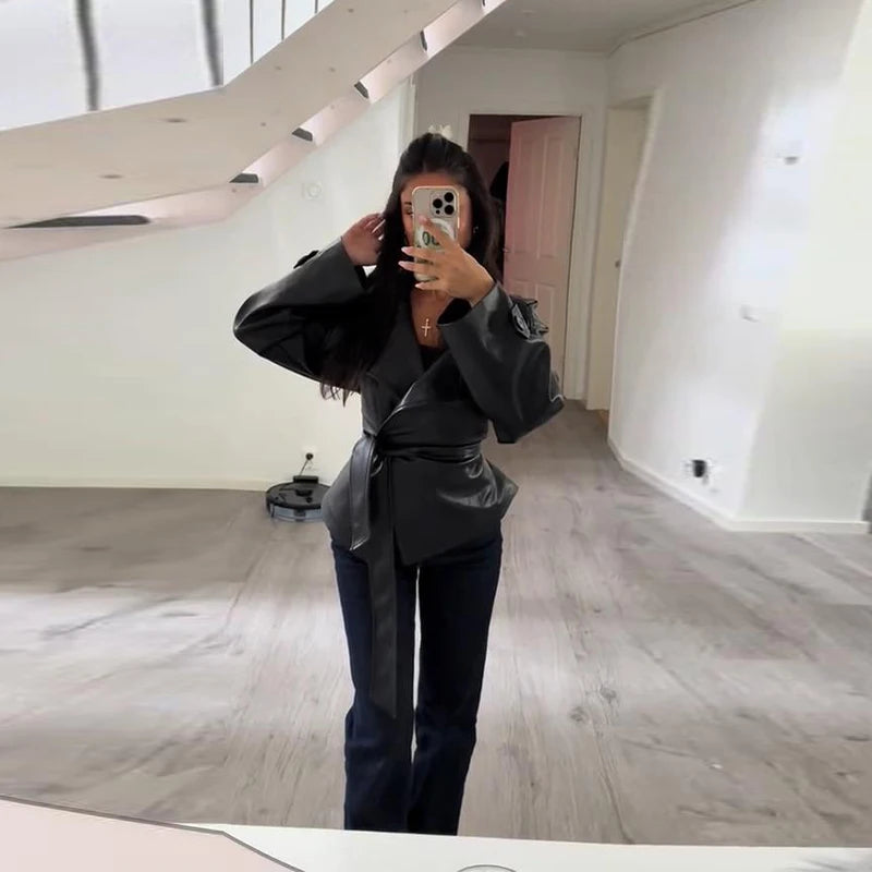 Belted Faux Leather Blazer for Women | Glossy Waist-Tie Jacket