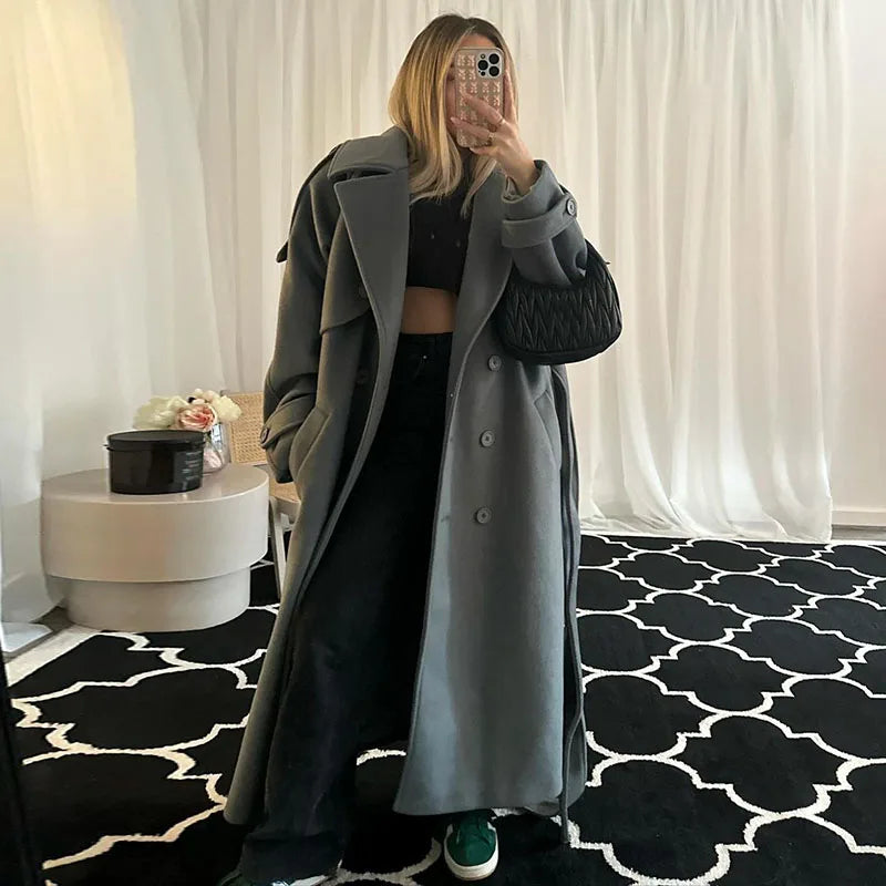 Wool Blend Long Coat - Double Breasted, Belted Silhouette, Turn Down Collar