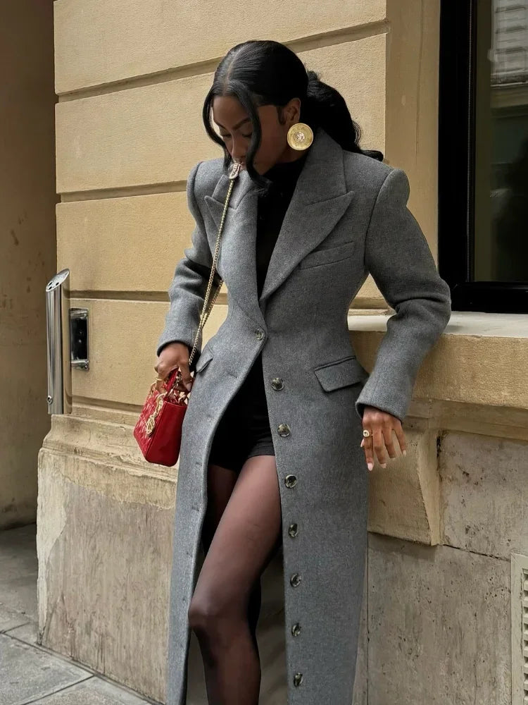 Women’s Long Waist-Cinching Lapel Coat – Grey Single-Breasted Overcoat | Murps Luxury
