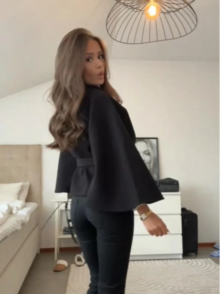 Belted Cape Jacket – Stand Collar, Wide Sleeves (Wool-Blend)