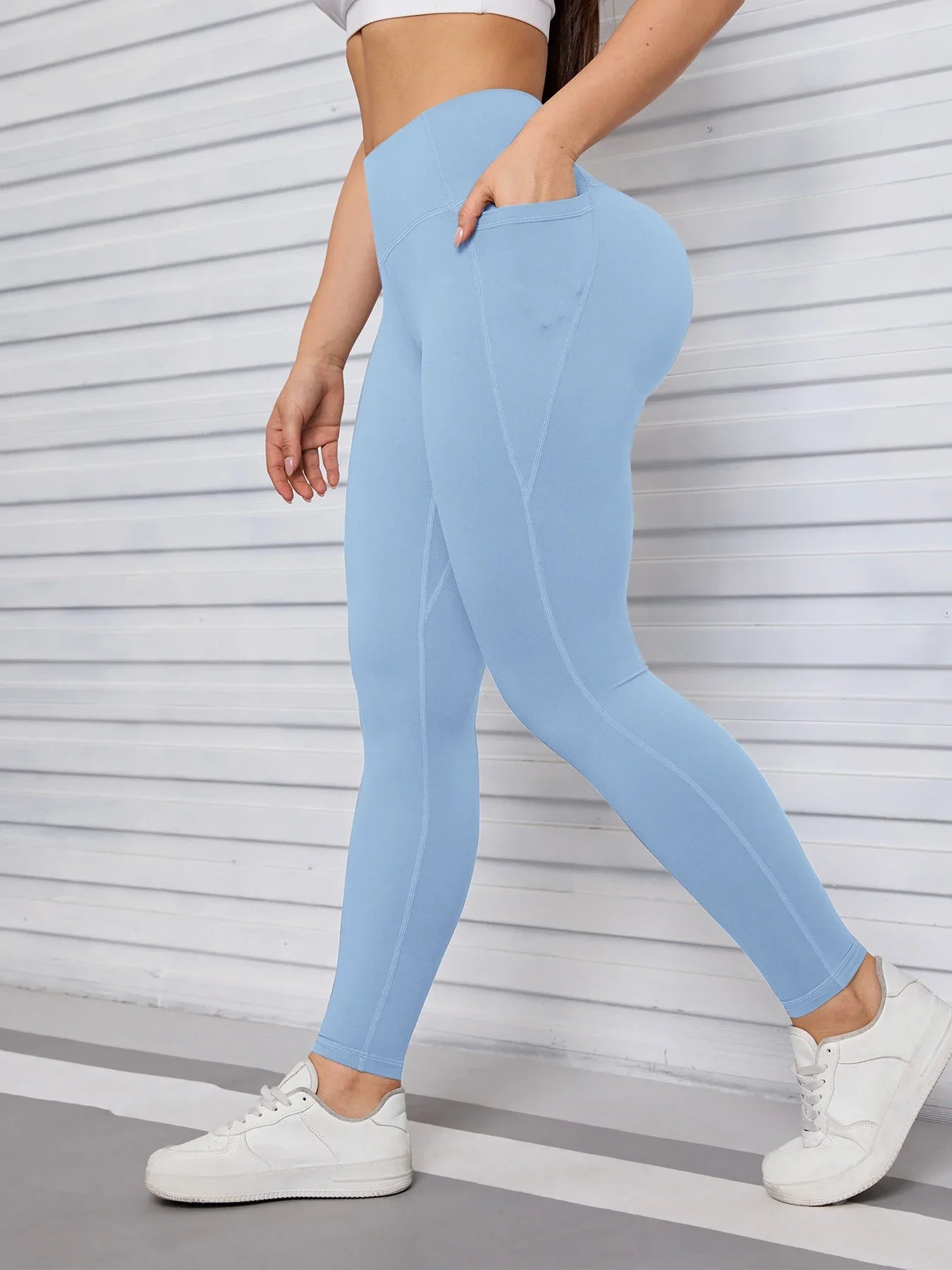 Blue high-waist yoga leggings with side phone pockets – Murps