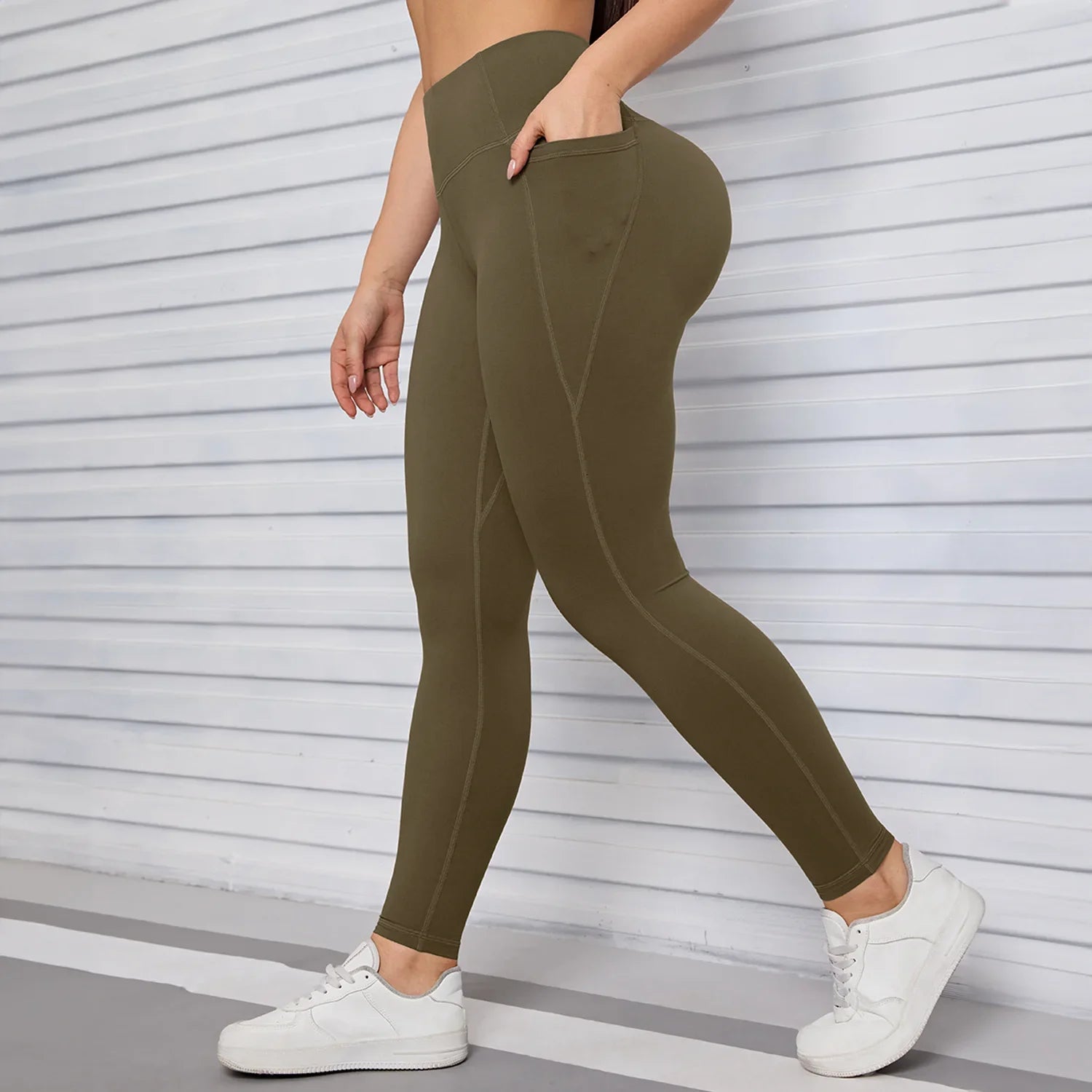 Coffee high-waist yoga leggings with side phone pockets – Murps
