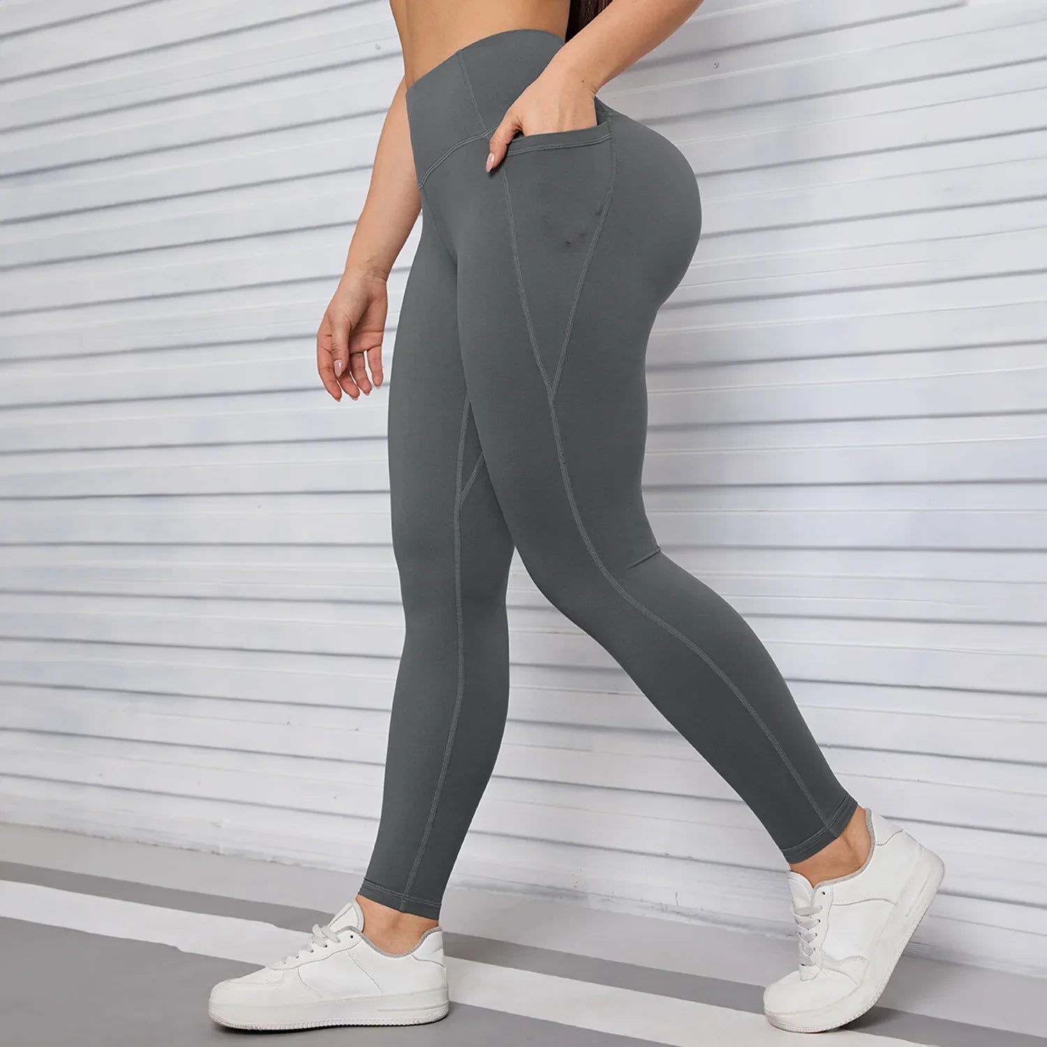 Gray high-waist yoga leggings with side phone pockets – Murps