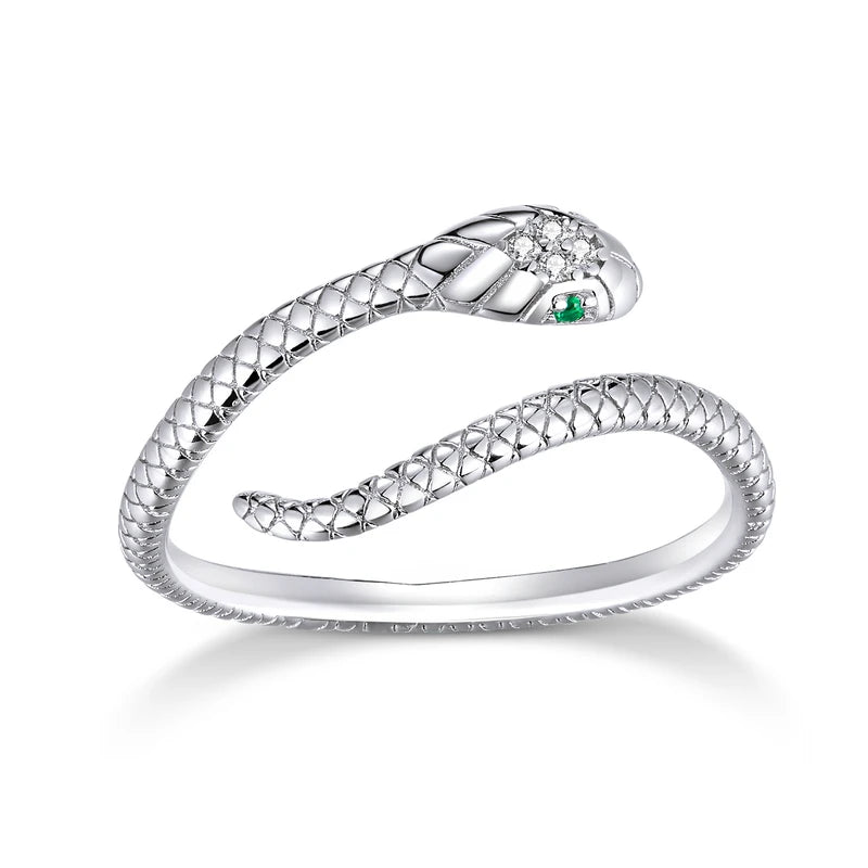 Murps 925 Sterling Silver Snake Ring – Platinum Plated, Green Zircon
