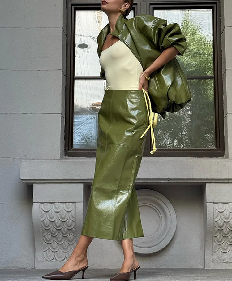 Vintage Olive PU Leather Jacket & Midi Skirt Set - High Neck Zip Coat - Slim Fit Pencil Skirt