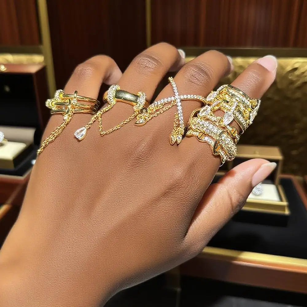 Murps 18K Gold-Plated CZ Chain Link Teardrop Ring – Adjustable Sizes