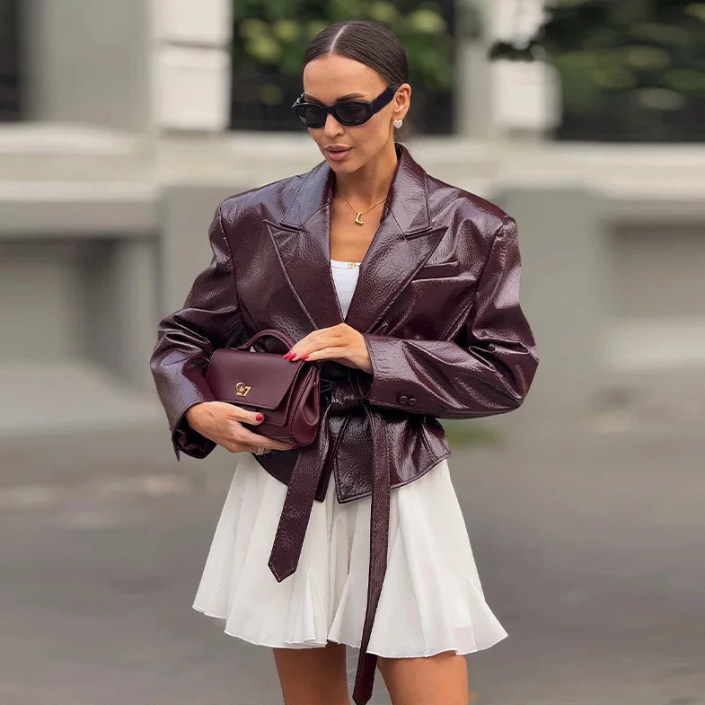 Belted Faux Leather Blazer for Women | Glossy Waist-Tie Jacket