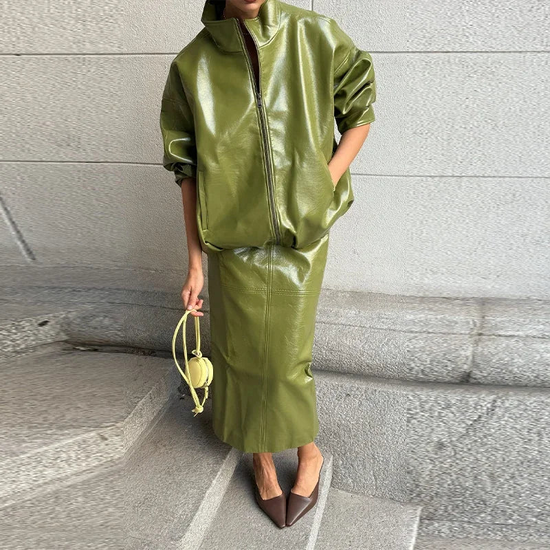 Vintage Olive PU Leather Jacket & Midi Skirt Set - High Neck Zip Coat - Slim Fit Pencil Skirt