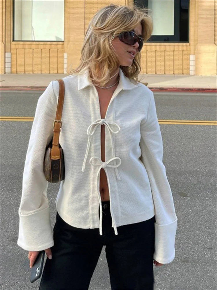 Tie-Front Bow Jacket – Wide Cuffs, Collar Lightweight