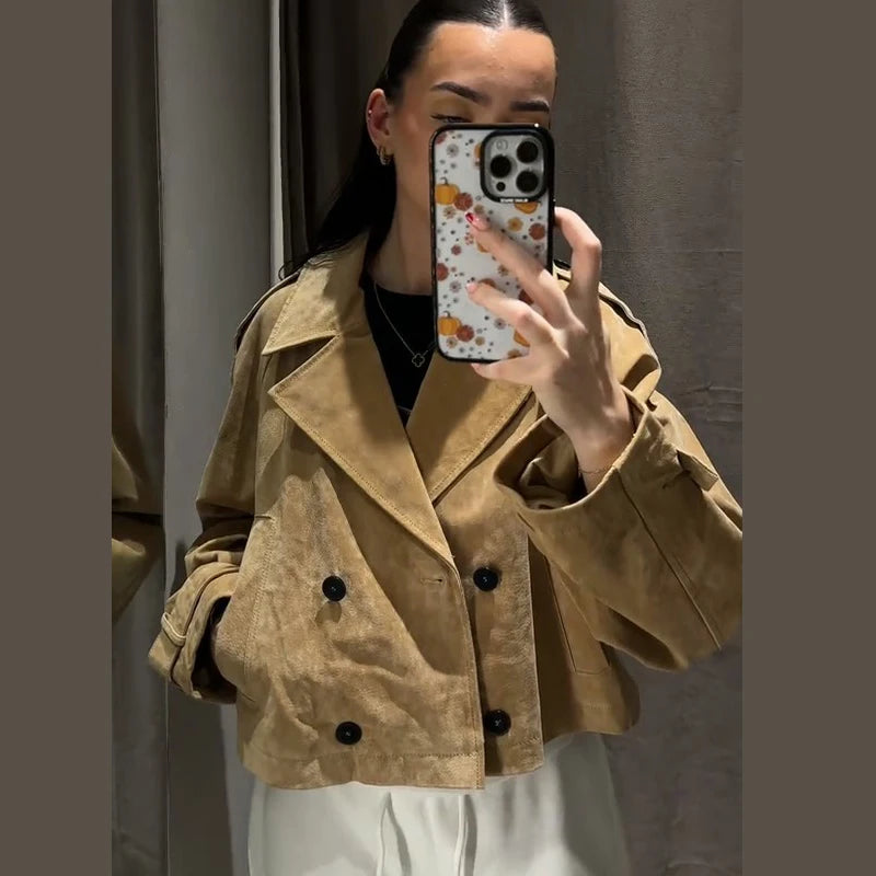 Cropped Double-Breasted Khaki Jacket - Wide Lapel, Boxy Fit