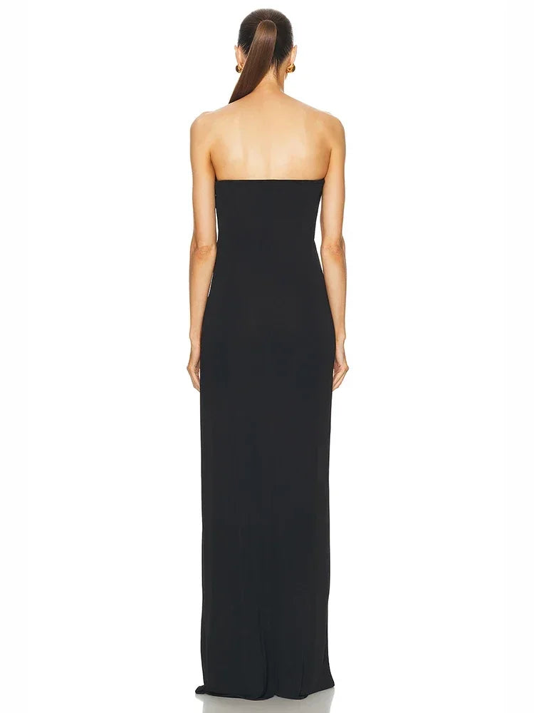 strapless black bodycon maxi dress with u shaped metal neckline red carpet style