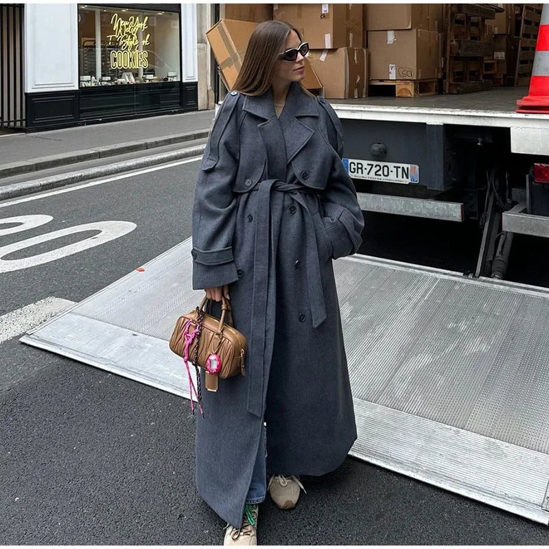 Wool Blend Long Coat - Double Breasted, Belted Silhouette, Turn Down Collar