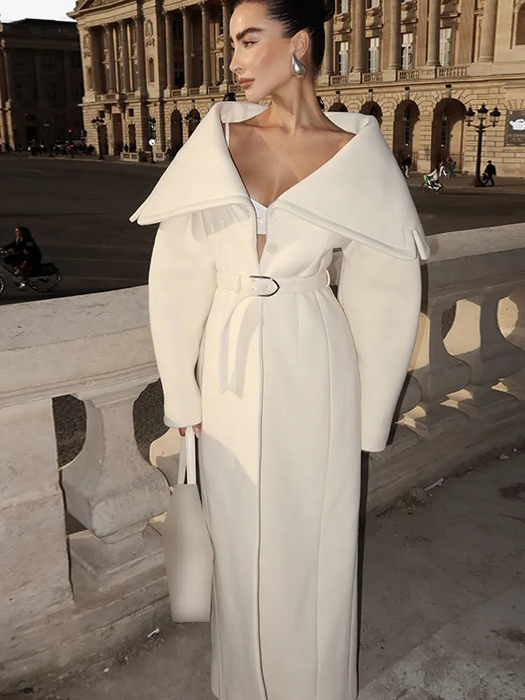 Women’s White Lapel Wool-Blend Long Overcoat - Double Breasted - Belted Waist