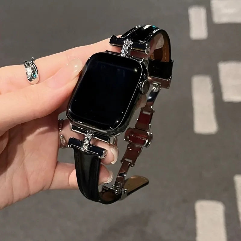 Apple Watch bracelet band - black leather with stainless butterfly clasp