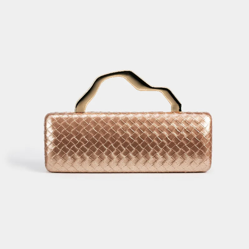Woven-texture hard-shell evening clutch with gold top handle in assorted colors