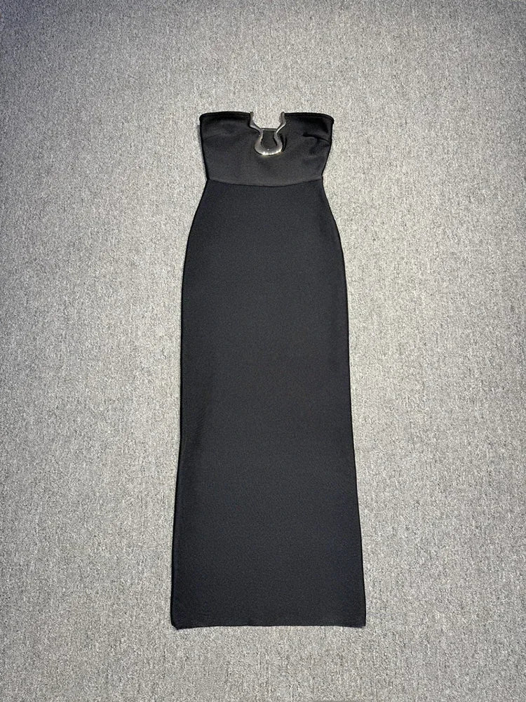 strapless black bodycon maxi dress with u shaped metal neckline red carpet style