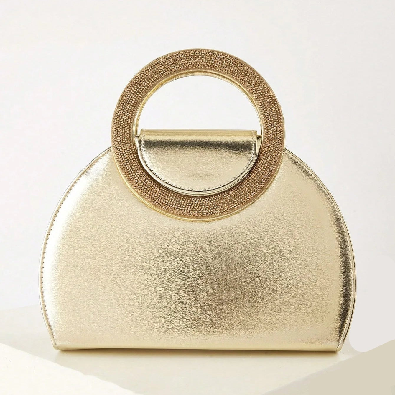 Ring Handle Woven Evening Clutch – Metallic PU, Hardcase, Chain Strap