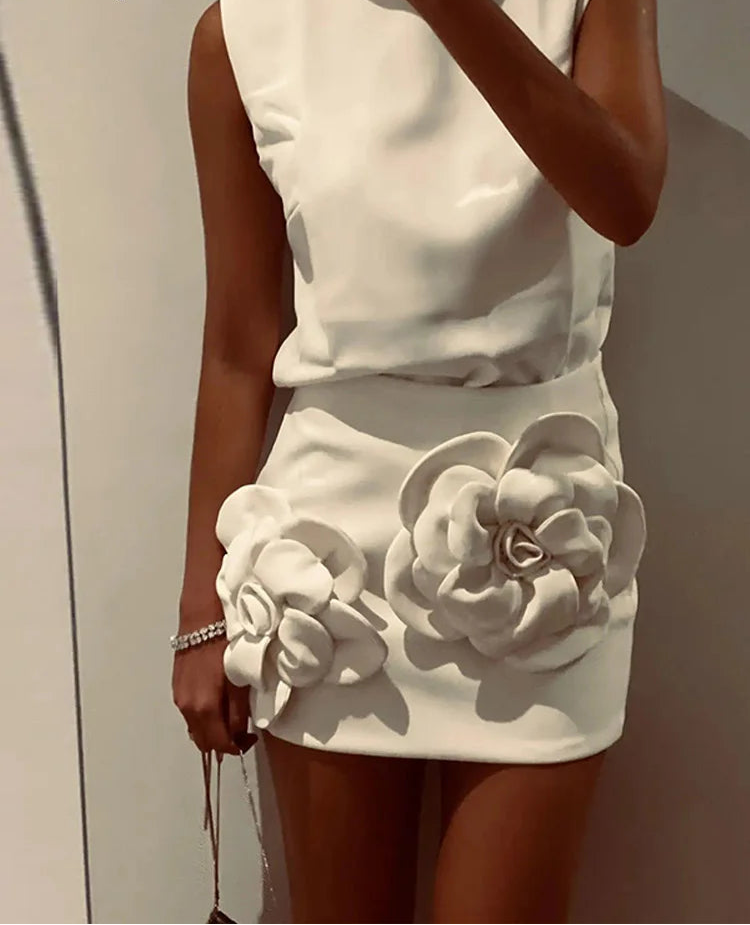 3D Flower Applique Two-Piece Skirt Set - Sleeveless Top - Murps Luxury