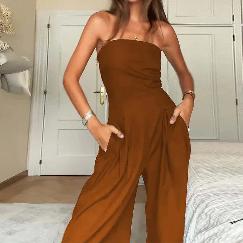 Strapless Wide-Leg Jumpsuit with Pockets – Elegant Bandeau One-Piece