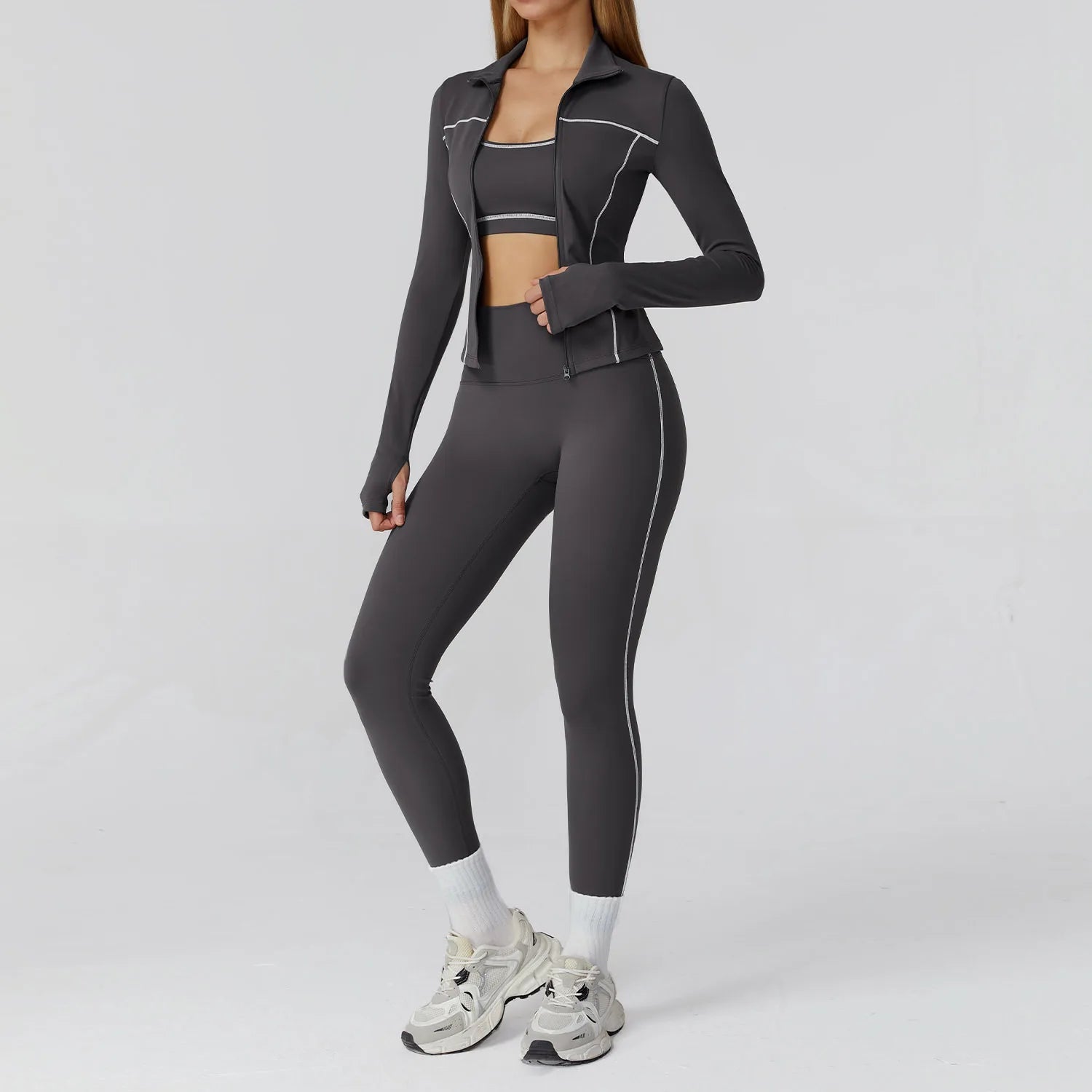 Women’s 3 Piece Workout Set - High Waist Leggings, Sports Bra, Zip Jacket