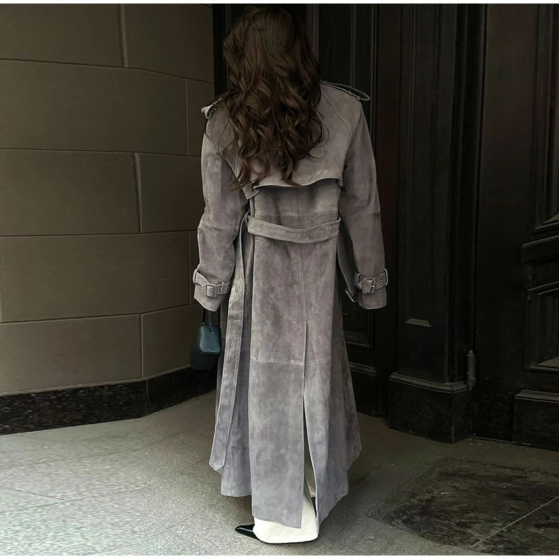Retro Suede Long Trench Coat With Belt – Double-Breasted, Lapel, Full-Length