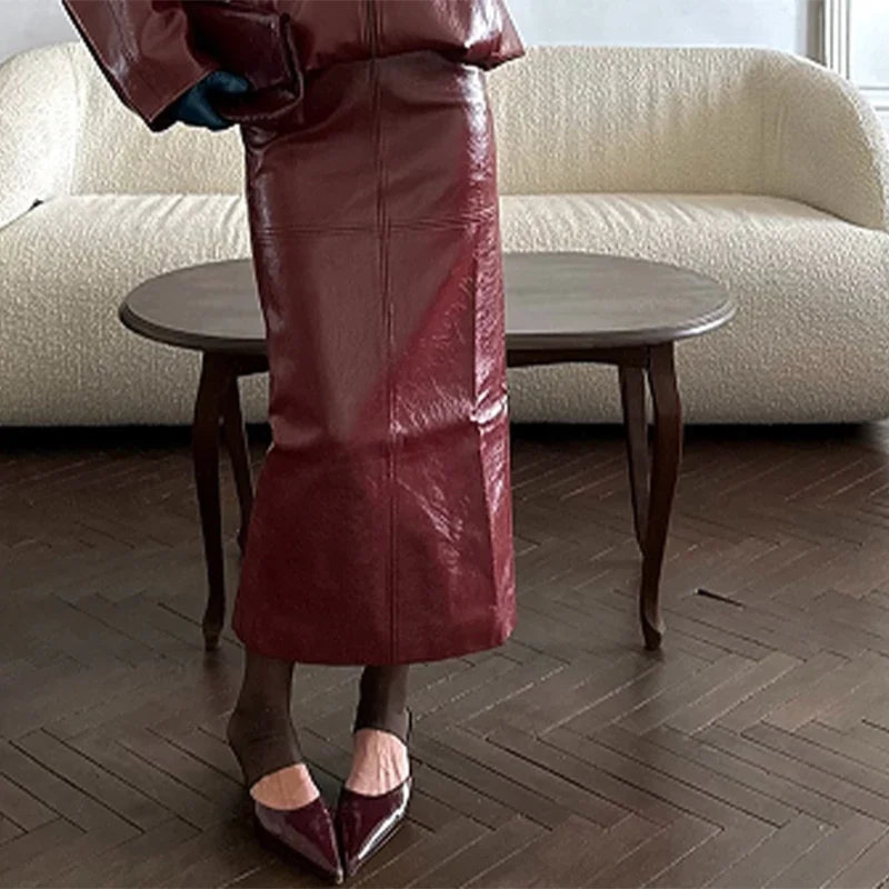 Vintage Olive PU Leather Jacket & Midi Skirt Set - High Neck Zip Coat - Slim Fit Pencil Skirt