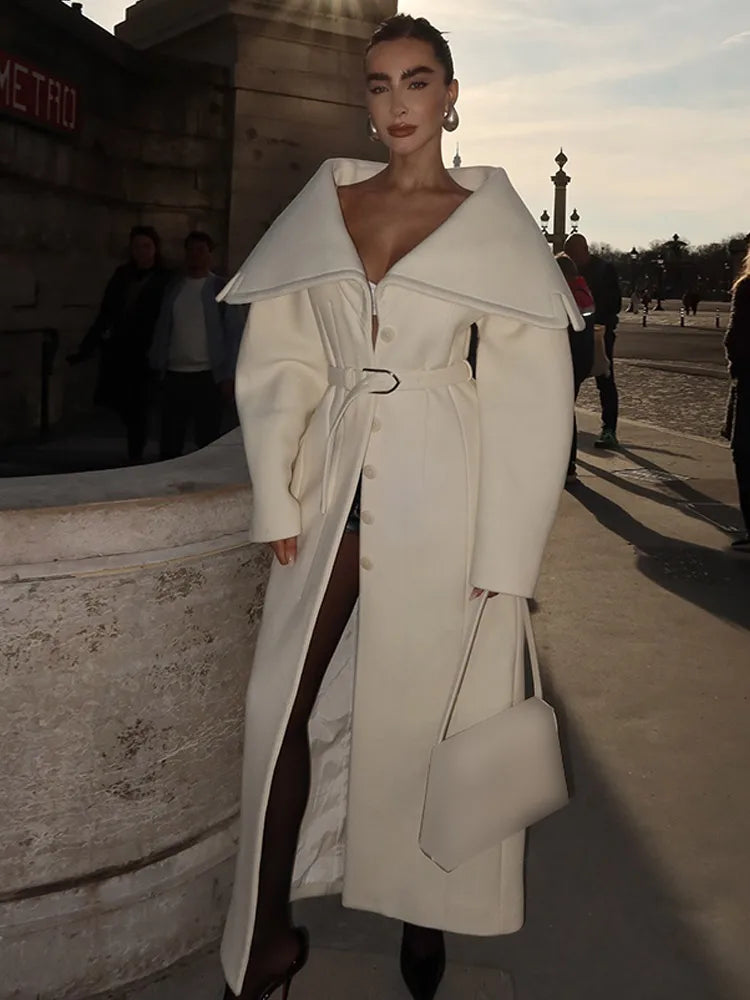 Women’s White Lapel Wool-Blend Long Overcoat - Double Breasted - Belted Waist