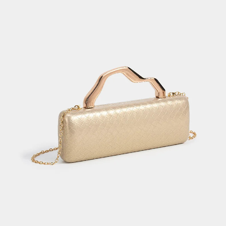 Woven-texture hard-shell evening clutch with gold top handle in assorted colors