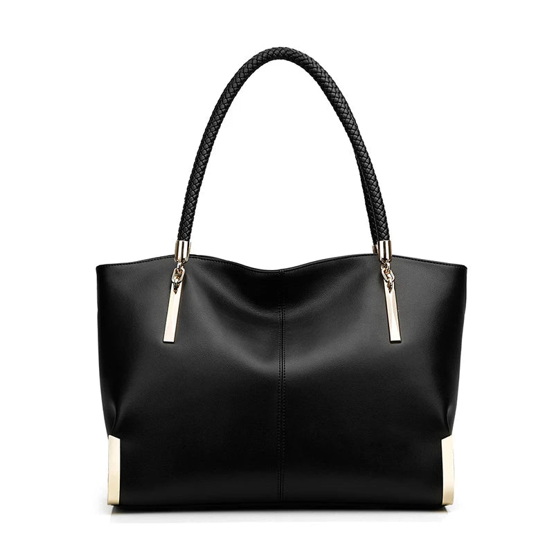 Leather Tote Bag - Braided Handles & Gold Hardware