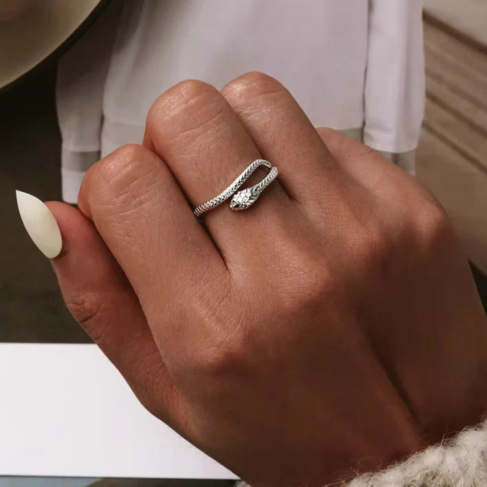 Hand wearing a silver ring with a detailed design, set against a neutral background.