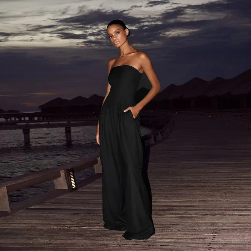 Strapless Wide-Leg Jumpsuit with Pockets – Elegant Bandeau One-Piece