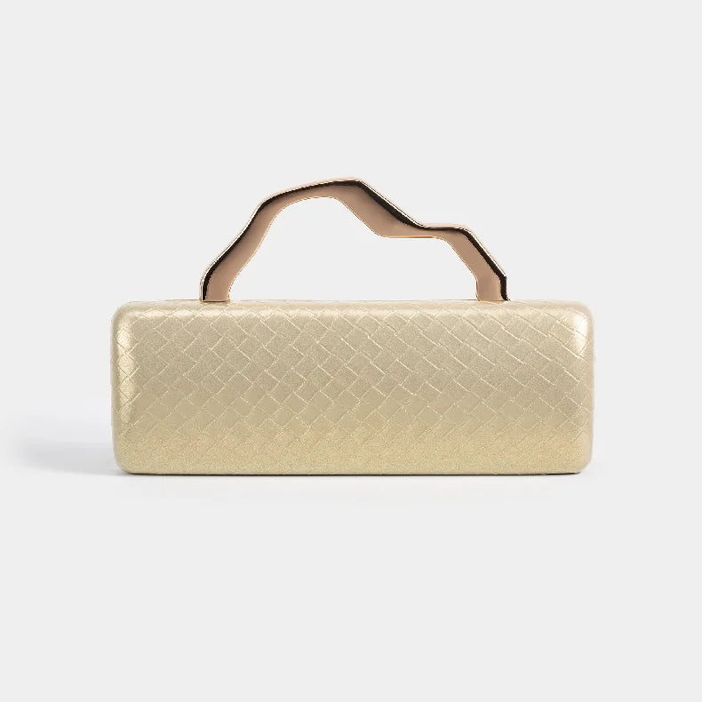Woven-texture hard-shell evening clutch with gold top handle in assorted colors
