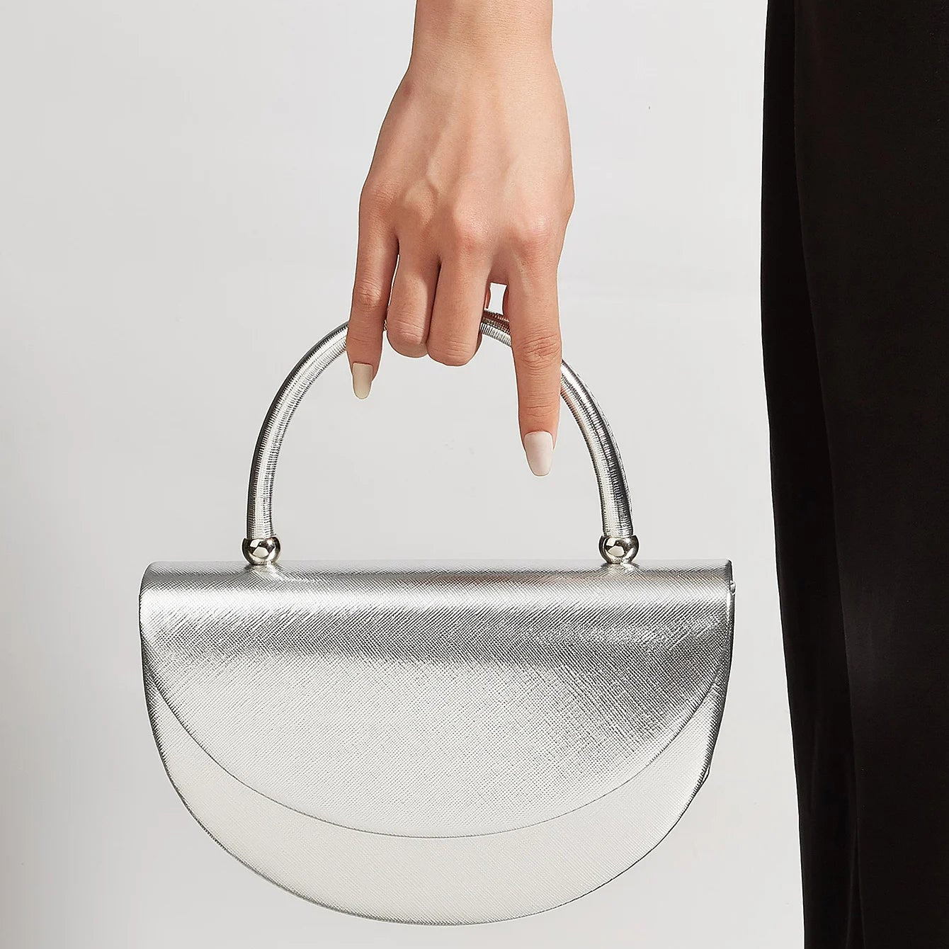 Gold ruched handle half-moon evening clutch, front view