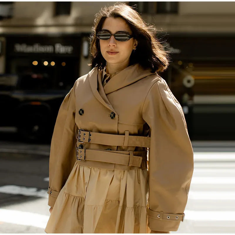 Double-Breasted Khaki Trench – Double Belt, Lapel Collar (Short & Long)