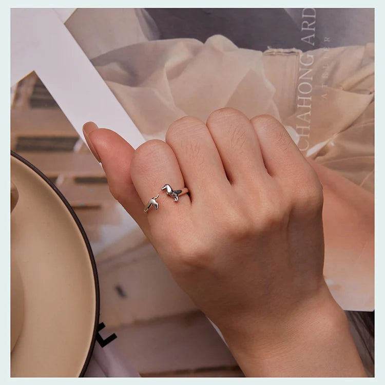 925 sterling silver dachshund dog adjustable ring on hand
