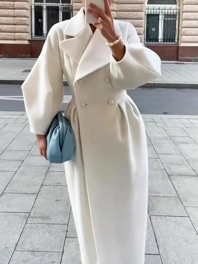 Women’s White Lapel Wool-Blend Long Overcoat - Double Breasted - Belted Waist