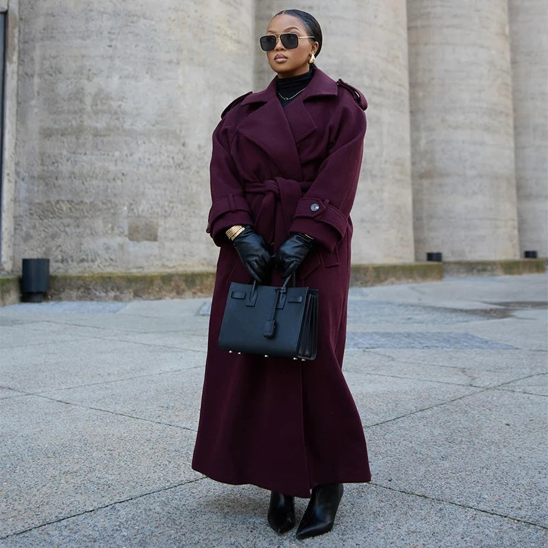 Wool Blend Long Coat - Double Breasted, Belted Silhouette, Turn Down Collar