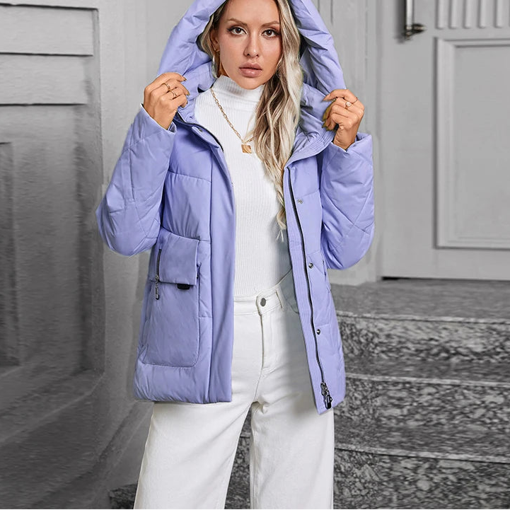 Women’s Hooded Puffer Jacket - High Collar - Waterproof Zip Pockets