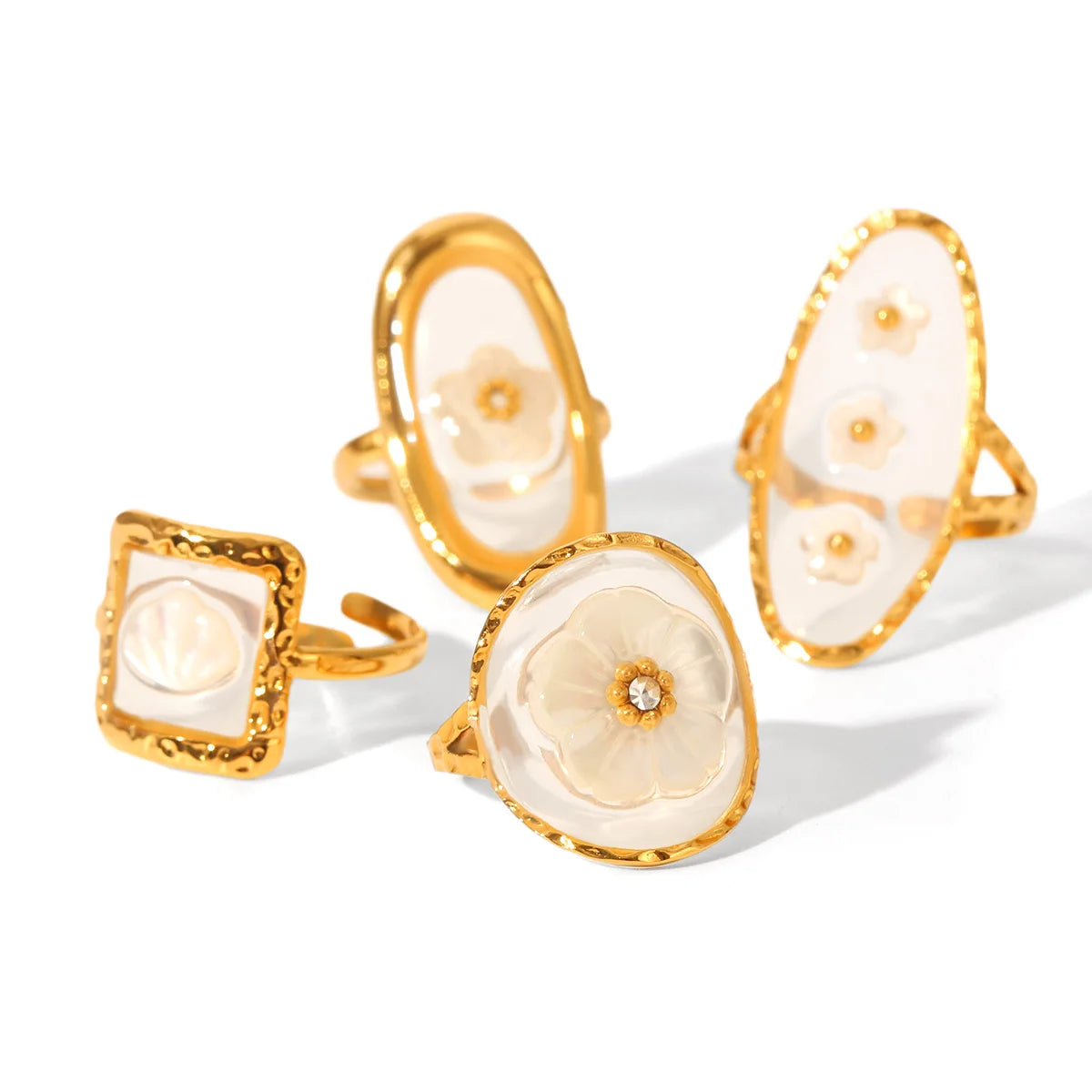 Huangchao Shell Flower Open Ring – 18K Gold Plated Stainless Steel, Hypoallergenic & Waterproof