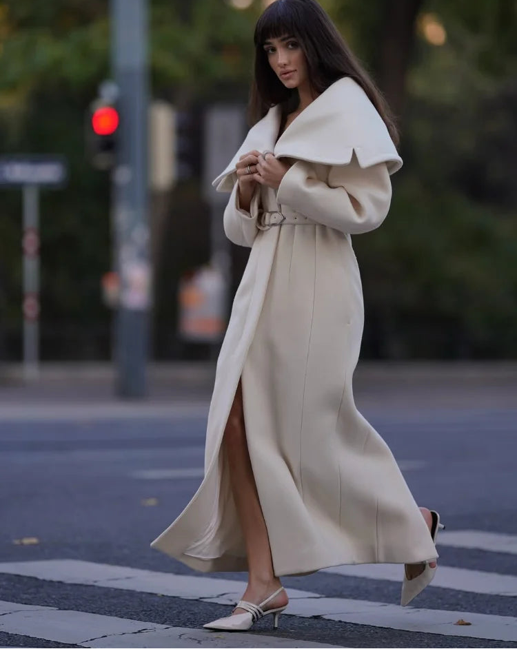 Murps Luxury Elegant Shawl-Collar Belted Long Coat – Ivory